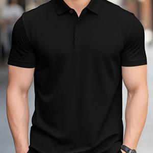 TEMU 1pc 남성 클래식 블랙 폴로 셔츠 - 비즈니스 캐주얼, 통기성 니트 원단, 일반 핏 칼라 & 커프, 단색, 여름 외출, 골프, 테니스 및 캐주얼 액세서리에 완벽