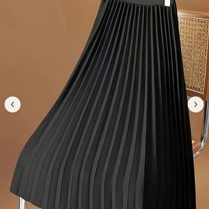 TEMU 여성용 블랙 플리츠 미디 스커트 - 비즈니스용 단색으로, 아сим메트리한 밑단으로, 봄, 여름, 가을 패션에 적합, 캐주얼한 의상|아сим메트리한 밑단|폴리에스테르 재질