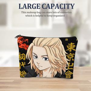 TEMU ZLIENSZUS 도쿄 리벤저스 애니메이션 메이크업 정리함 - A3 사이즈 다용도 코스메틱 케이스, 내구성 있는 폴리에스터, 베이지 & 블랙 디자인, 기숙사 및 소형 공간용, 여행용 메이크업 파우치, 애니메이션 캐릭터 디자인, 매끄러운 질감, 기능적 디자인