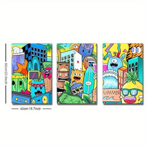 TEMU 2D 평면 캔버스 프레임 3종 세트, 복도 & 사무실 벽 장식 - 우드 프레임 포스터 스타일 그림, 스트리트 아트, 팝아트, 추상 미술 스타일 , 모던 아트, 레트로 스타일 포스터, 카페, 침실, 거실, 바 인테리어용