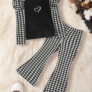 TEMU 여아용 하운드투스 패턴 봄/가을 캐주얼 투피스 세트, 야외 활동에 완벽한 아이템