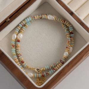 TEMU 1개 천연 담수 & 스톤 목걸이 - 빈티지 골드톤 체인, 터키석 & 레드 비즈 세트, 섬세한 비즈 장식 여성용 액세서리 선물, 발렌타인데이 및 일상/시즌용