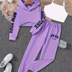 TEMU 여아용 3피스 세트: NEW YORK 프린트 긴팔 후드티, 캐미솔 탑 & 조거 팬츠, 가을/겨울 캐주얼 야외복 (액세서리 미포함), 야외 활동에 적합