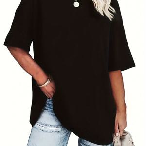 TEMU 여성용 캐주얼 단색 반팔 라운드넥 티셔츠 - 여름 컬렉션, 부드러운 폴리에스터 소재, 루즈핏, 라운드 넥라인, 캐주얼한 옷에 이상적, 여성용 티셔츠