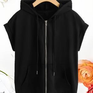 TEMU 여성용 경량 스트레치 후드 가디건 - 조절 가능한 끈이 있는 반팔 지퍼업 재킷, 단색 블랙 캐주얼 아우터웨어 봄 여름 가을용, 세탁기 사용 가능, 카디건 스웨터, 캐주얼 의상, 디자인, 신축성 원단, 계절별 옷장, 편안한 핏, 내구성 있는 구조, 성인복