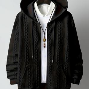 TEMU 남성 캐주얼 후드 지퍼 업 재킷 - 긴 소매 니트 풀오버, 앞 포켓, 단색 올 시즌 레이어링 필수, 지퍼 업 후디, 캐주얼 아우터웨어, 디자인, 내구성 구조, 가을 옷장