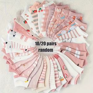 TEMU 10/20쌍 여성용 발목 양말 세트 - 귀여운 캐릭터 & 기하학 패턴 믹스, 부드럽고 통기성 좋은 소재, 봄 여름 캐주얼룩에 어울리는 파스텔 컬러, 디자인, 편안한 착용감, 트렌디한 쇼핑용