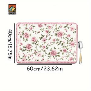 TEMU 1개 화이트 핑크 장미 & 그린 리프 플로럴 식기 건조 매트 - 폴리에스터 주방 카운터탑 보호매트, 커피 머신, 세탁기용, 다이닝룸, 거실 , 선물 아이디어, 우아한 스타일, 가벼운 디자인, 쉬운 청소, 스타일리시 홈 액세서리