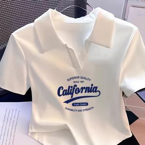 TEMU 여성용 섹시한 여름 반팔 셔츠 - 캘리포니아 그래픽 레터링 프린트가 있는 신축성 좋은 크롭탑, 캐주얼 비치 아웃팅을 위한 고탄력 슬림핏 & 커브드 헴라인, 비침 방지 소재