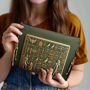 TEMU 1개 이집트 히에로그리픽 지퍼백 - 고대 이집트 디자인 화장품/필통/화장품 정리함 - 다크 그린 & 골드 - 내구성 강한 안티 페이드 메이크업 백 - 안전한 지퍼 클로저 - 이집트 역사 애호가, 학생, 여행자를 위한 선물 - 다용도 수납 파우치, 학생 문구 정리함, 문화적 미학, 섬세한 디자인이 담긴