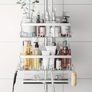 TEMU 샤워 캐디, 드릴링 불필요 - 2pcs 샤워봉 조직 세트, 스테인리스 스틸 소재, 18mm-25mm 샤워봉 호환 가능, 욕실 샴푸 홀더, 실버