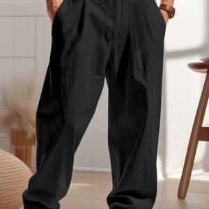 TEMU 조절 가능한 허리끈이 있는 남성용 통기성 린넨 팬츠 - 레그 캐주얼 바지, 단색 & 포켓 포함, 사계절 편안함, 일상복 및 야외 활동용, 디자인 폴리에스터 섬유 바지