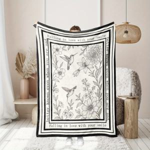TEMU 모던 플로럴 & 허밍버드 프린트 소프트 플란넬 담요 - 사계절용 멀티소파 베드 스로우 또는 숄, 손세탁 전용 고품질 코지 홈 데코, 식물 모티프 쿠션 담요