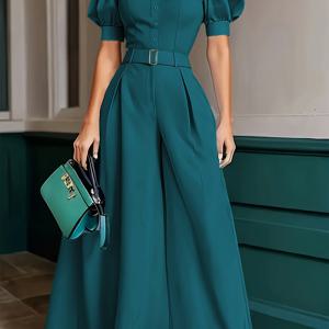 TEMU 우아한 블랙 와이드 레그 점프수트, 랜턴 슬리브, 버튼업 칼라, 분리 가능한 벨트 - 세련된 올 시즌 여성 의상, 다재다능한 패션 | 우아한 와이드 레그 바지 | 버튼업 점프수트