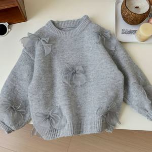 TEMU 소녀용 편안한 베이지 니트 스웨터 - 화이트 리본 디테일, 긴 소매, 라운드 넥, 스트레치 & 부드러운 디자인, 가을 & 봄에 완벽, 캐주얼 플레이풀 디자인, 여아용 스웨터 드레스, 아동 패션, 부드러운 질감