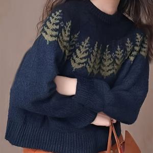 TEMU 여성용 포근한 플리스 안감 크리스마스 트리 스웨터 - 네이비 블루 & 그린 스웨터, 부드러운 플리스 라이닝, 루즈핏 풀오버, 가을/겨울용 캐주얼 및 정장용, 집이나 사무실, 파티에 완벽한 크리스마스 스웨터