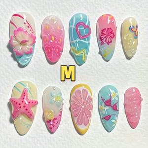 TEMU 여름 해변 아몬드 프레스 네일 중간 재사용 가능 3D 핸드메이드 별모양 핑크 하트 모양 과일 여성 데일리 라이프 휴가 풀 파티, 비치 웨딩 10개입