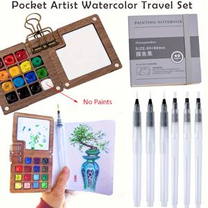 TEMU 9피스 미니 목재 수채화 키트, 1개 그리드/8개 그리드 목재 자석 팔레트 박스, 6개의 붓, 1개 클립, 1개 휴대용 스케치북 - 여행용 수채화 도구