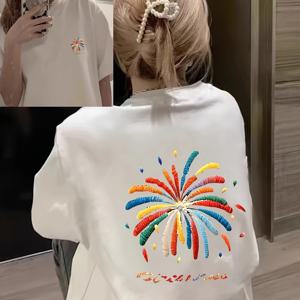 TEMU 여성용 캐주얼 반팔 티셔츠 - 화려한 불꽃무늬 라운드넥 여름 상의, 통기성 폴리에스터, 세탁기 사용 가능 봄/여름 캐주얼 웨어, 여성 티셔츠, 유쾌한 그래픽 디자인, 루즈핏 셔츠, 일상복, 가벼운 소재, 프린트 탑, 트렌디한 여성