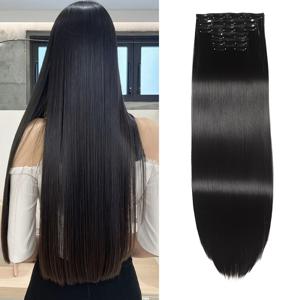 TEMU 24인치 슈퍼 롱 6pcs 세트 두꺼운 클립온 헤어 익스텐션, 내추럴 블랙 - 부드럽고 두꺼운 클립 인 헤어 익스텐션