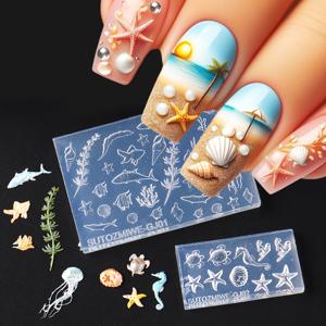TEMU 2개 세트 오션 실리콘 네일 몰드, 여름 해변 디자인 3D 조각 템플릿 레진 네일 아트 몰드 - , 해파리, 바다말, 상어, 해조류 DIY 매니큐어 액세서리용 소프트 실리콘 네일 도구