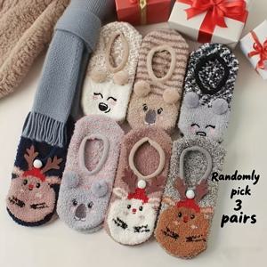 TEMU 여성용 겨울 따뜻한 크리스마스 사슴 슬리퍼 3켤레 - 사슴 & 눈꽃 디자인의 두꺼운 바닥 양말, 부드러운 플러시 & 미끄럼 방지 고무 밑창, 손세탁/드라이 클리닝, 가정, 요가, 크리스마스 장식 (빨강, 녹색, 갈색, 분홍색, 보라색, 주황색)