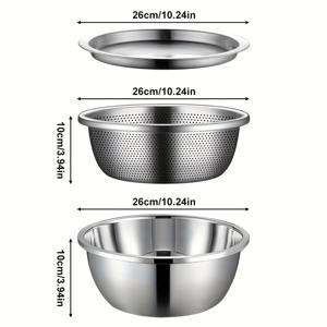 TEMU 3개/1세트 스테인리스 스틸 미세구멍 체 + 다용도 믹싱볼 + 뚜껑, 두꺼운 대용량, 야채·과일 세척 및 파스타 물빠짐용, 식기세척기 사용 가능