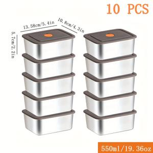 TEMU 550ml 스테인리스 스틸 밀폐 용기 10개 세트 - 누수 방지 뚜껑, 고기·과일·채소 보관용, 야외 피크닉 식품 보관 박스, 쌓을 수 있는 신선도 유지 용기
