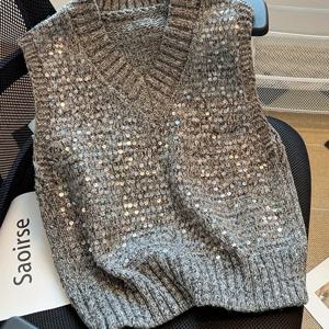 TEMU 플러스 사이즈, 유럽 럭셔리 시퀸 오버사이즈 여성용 카디건 조끼 - 봄/가을 캐주얼 민소매 재킷 (편안한 스타일)