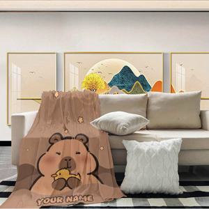 TEMU 1pc 편안한 플란넬 프린트 담요 - 사용자 지정 텍스트, 귀여운 만화 카피바라 및 곰 디자인, 소파, 침대, 사무실, 기숙사, 캠핑용으로 부드럽고 따뜻함, 커플, 가족, 애완동물에게 완벽한 선물, 모든 계절 사용, 침대용 담요