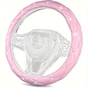 TEMU 귀여운 핑크 라인스톤 장식 핸들 커버 - 부드러운 인조 가죽, 미끄럼 방지 그립, 통기성 디자인 (15인치 휠용) - 여성용 세련된 자동차 액세서리, 귀여운 핸들 커버, 광택 마감