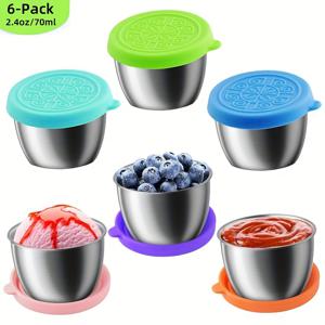 TEMU 6팩 1, 6온스/2, 4온스 304 스테인리스 스틸 샐러드 드레싱 컵 누수 방지 뚜껑 포함 - 식기세척기 사용 가능 재사용 가능한 조미료 용기, 점심 상자, 피크닉, 여행 및 주방 준비용 | 생생한 녹색, 파랑, 핑크, 오렌지, 보라색 옵션, 샐러드 드레싱 컵
