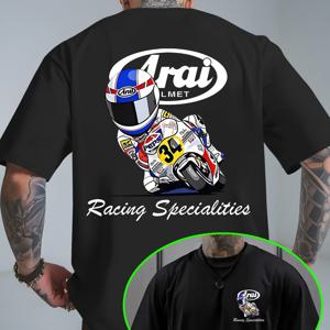 TEMU 아라이 남성용 모터사이클 그래픽 티셔츠 - 여름 캐주얼 스트리트웨어, 만화 라이더 및 브랜드 슬로건, 통기성 정규 핏 반팔 티셔츠, 캐주얼 의상, 모터사이클 티셔츠, 야외 레저웨어, 스포티 디자인, 편안한 원단