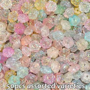 TEMU 50개 8mm 아크릴 장미 비즈, 혼합 컬러 야광 루스 비즈 DIY 목걸이, 팔찌, 폰 참 & 주얼리 만들기, 공예 액세서리