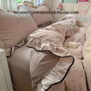 TEMU 일본식 목가적 스타일 리플 소프트 베이지 색 경량하고 우아한 간단하고 따뜻한 소형과 대형 사이즈 이불 커버 세트 3pcs 이불 커버 1pc + 베개 커버 2pcs 과일 체리 싱글과 더블 침실 침구 세탁된 공예 소프트하고 경량한 베이지 친화적인 편안한 기계 세탁 가능 변형 없음 베개 코어 없음