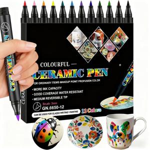TEMU 12개 세척기 안전 도자기 펜, 12색 수채화 및 유리 페인팅용 장식용 세라믹 펜