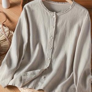 TEMU 여성용 우아한 캐주얼 롱 슬리브 블라우스 - 소프트 라운드넥 버튼업 셔츠, 솔리드 컬러 올시즌 탑, 세탁기 사용 가능 레귤러 핏, 편안한 원단, 캐주얼 웨어, 비투명 소재