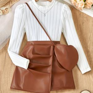 TEMU 여아용 심플 엘레강트 버블 슬리브 리브드 원단 탑 + 하이웨이스트 A라인 PU 스커트 세트 & 하트 크로스바디 백, 학교·파티·캐주얼웨어에 완벽한 가을 패션 팬츠, 다재다능 스커트 선물세트, 아웃도어 필수 아이템