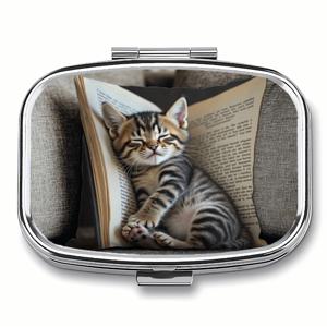 TEMU 귀여운 잠자는 고양이 & 책 디자인 - 휴대용 약, 비타민 또는 사탕 정리함 - 메탈 클라스프가 있는 컴팩트 알약 케이스 - 반려동물 애호가를 위한 완벽한 선물, 여행, 집, 사무실용 - 식품 안전 플라스틱/메탈 구조 - 직사각형 또는 원형 선택 가능, 홈 스토리지 솔루션, 장식적인 액세서리, 튼튼한 보관 용기, 여행 필수품