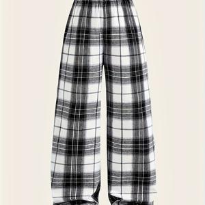 TEMU 십대 소녀용 블랙 & 화이트 체크무늬 스트레이트핏 바지 - 클래식한 격자무늬 (검정/흰색/베이지) 캐주얼 긴팔, 학교복, & 세미포멀웨어에 적합 - 기계 세탁 가능한 non-stretch 원단, 봄/가을 시즌, 청소년 패션, 유니폼, 내구성 있는 재질, 경량감의 소재, 야외활동에도 완벽