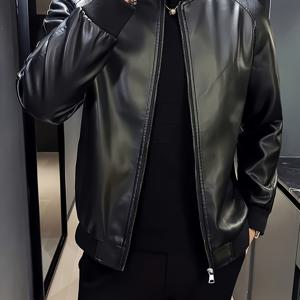 TEMU 남성용 스탠드 칼라 & 메탈 지퍼 클로저 PU 가죽 재킷 - 블랙 모던 캐주얼 코트, 편안한 핏과 기능성 포켓, 봄/가을 도시 아웃도어 웨어, 기계 세탁 가능, 캐주얼 및 반정장에 적합