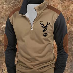 TEMU 남성용 갈색 사냥 프린트 풀지퍼 니트 스웨터 - 보온 긴팔 캐주얼 겨울 재킷, 지퍼 포켓, 기계 세탁 가능 폴리에스터, 아웃도어 & 캐주얼 복장용, 사계절 갈색/검정 사슴 디자인 (사냥 & 캐주얼 의상에 이상적) - 스타일리시한 하이넥 셔츠, 풀지퍼 클로저, 가을 & 겨울용 부드러운 니트 소재, 남성용 편안한 핏, 사슴 로고 디테일