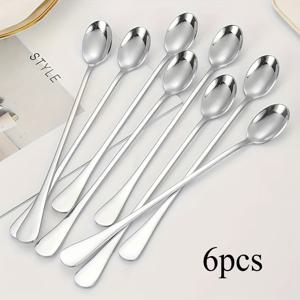 TEMU 스테인리스 스틸 롱핸들 아이스티, 커피 & 수저 - 고급형 곡선디자인 대용량 사발채우기수저, 식기세척기 안전, 내구성과 위생적으로 뜨거운/차가운음료와 디저트를 서빙하기에 완벽한 홈오피스레스토랑카페에서 사용할 수 있는 다목적플랫웨어 액세서리 (슬릭모던디자인, 편안한긴손잡이,매끄러운광택마감, 튼튼함과쉬운청소)