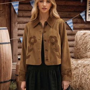 TEMU 여성용 빈티지 영감 노란색 갈색 인조 퍼 재킷, 3D 꽃 자수, 버튼업 칼라, 긴 소매, 러플 밑단 - 캐주얼 또는 출퇴근용 스타일리시 가을/겨울 아우터웨어, 캐주얼 겨울복 | 빈티지 재킷 | 버튼업 재킷, 여성용 겨울 코트, 두꺼운 겨울 의류, 겨울 조끼