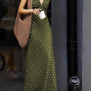 TEMU 여성 프렌치 빈티지 우아한 V넥 민소매 맥시 드레스 (폴카 도트 & 단색 옵션) - 구조적인 A라인 실루엣, 허리 묶음 백, 세탁기 사용 가능, 봄/가을 캐주얼 & 포멀 행사, 포멀 복장, 세련된 스타일 크리스마스