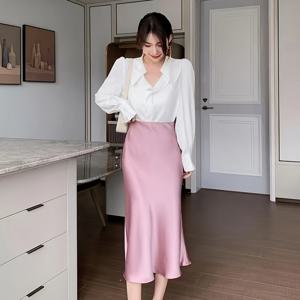 TEMU 여성용 우아한 새틴 머메이드 스커트 - 소프트 핑크 솔리드 컬러, 사계절 활용 가능한 캐주얼 & 포멀 착용, 맞춤형 디자인, 여성용 옷장 필수품, 교회용 스커트, 긴 스커트