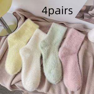 TEMU 4 쌍 여성용 중간 발목 양말 - 두꺼운 플리스 안감, 단색 (노란색, 흰색, 연두색, 핑크색) - 가을/겨울용 부드럽고 따뜻한 양말, 손세탁 또는 건조 세탁, 귀여운 양말