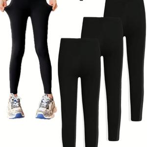TEMU 3pcs 여아용 스트레치 레깅스 - 사계절 솔리드 컬러 하이스트레치 편안한 핏, 캐주얼 스타일 & 라이트 스포츠 팬츠, 세탁기 사용 가능 비투명 레깅스 (블랙 & 다크 컬러) - 다목적 사계절 필수 아이템