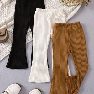 TEMU 3피스 세트 여아용 니트 신축성 있는 플레어드 벨바텀 - 솔리드 컬러 골지 팬츠, 탄력적인 허리와 와이드핏으로 편안한 캐주얼웨어 (봄, 여름, 가을) - 기계 세탁 가능 - 블랙/화이트/브라운, 학교복, 야외활동, 통기성 소재, 's 착용, Clothing, 야외에서 완벽함