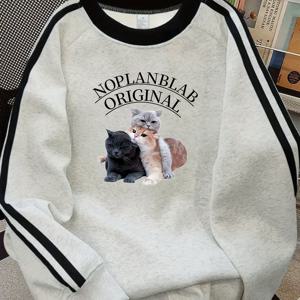 TEMU 여성용 가을 겨울 스웨트셔츠 - NOPLANBLABICAL 고양이 그래픽 풀오버, 검정 & 흰색 스웨터, 애완동물 사랑하는 사람을 위한 편안한 일상 캐주얼 의류 필수품, 고양이 스웨터, 가을 의류, 재미있는 디자인, 내구성 있는 원단, 계절별 의류, 트렌디한 풀오버, 편안한 소재, 긴팔 탑|옷|여성의류